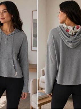 Ted Baker Hooded Waffle Knit Henley with Floral Hood Lining